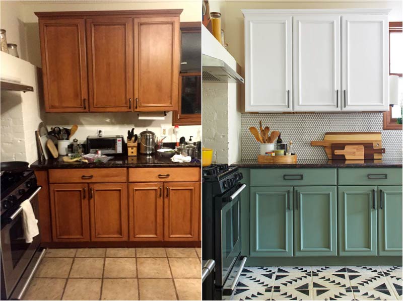 Gamle kjøkken før og etter farging