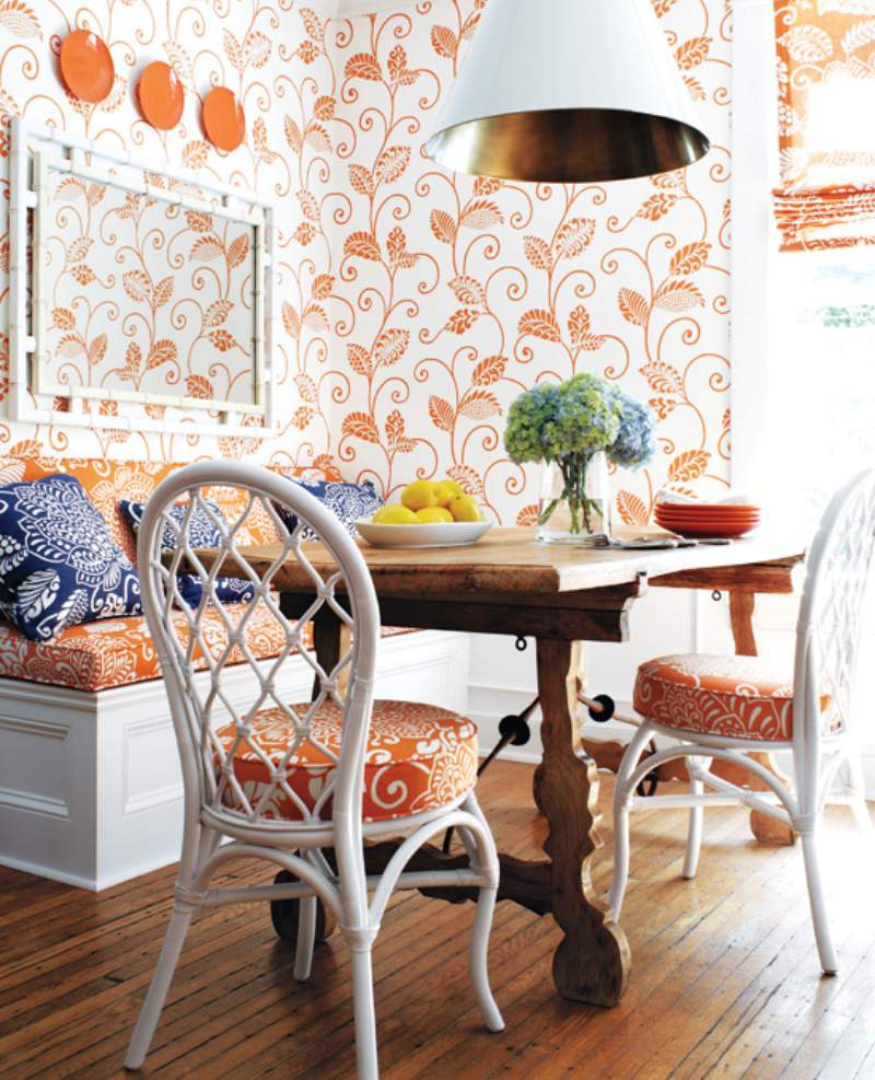 White and orange dining room