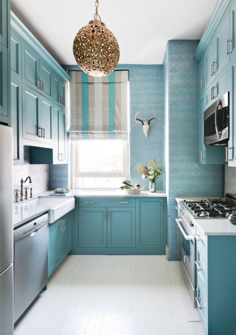 Blue kitchen set with blue wallpaper