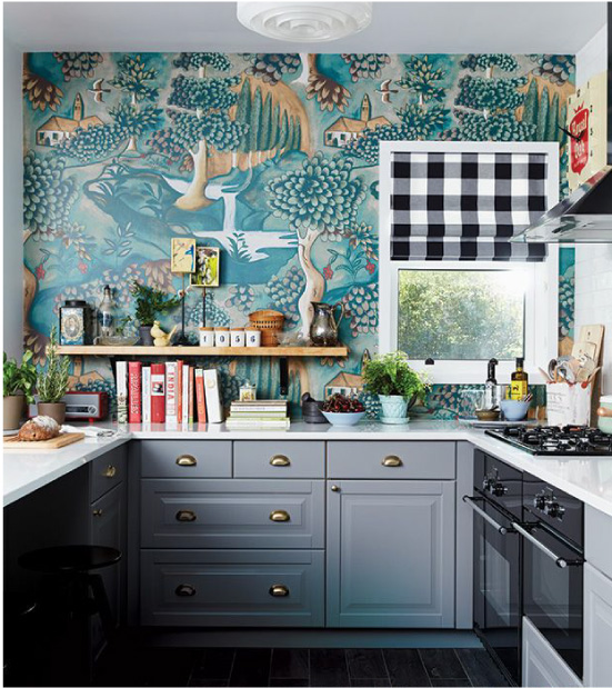 Gray kitchen with turquoise wallpaper