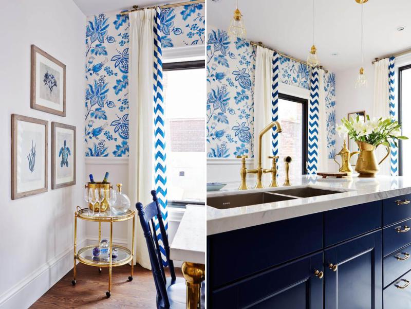 Blue kitchen with blue wallpaper