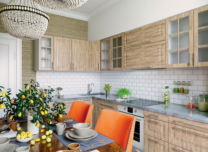 Textured wallpaper and wooden kitchen