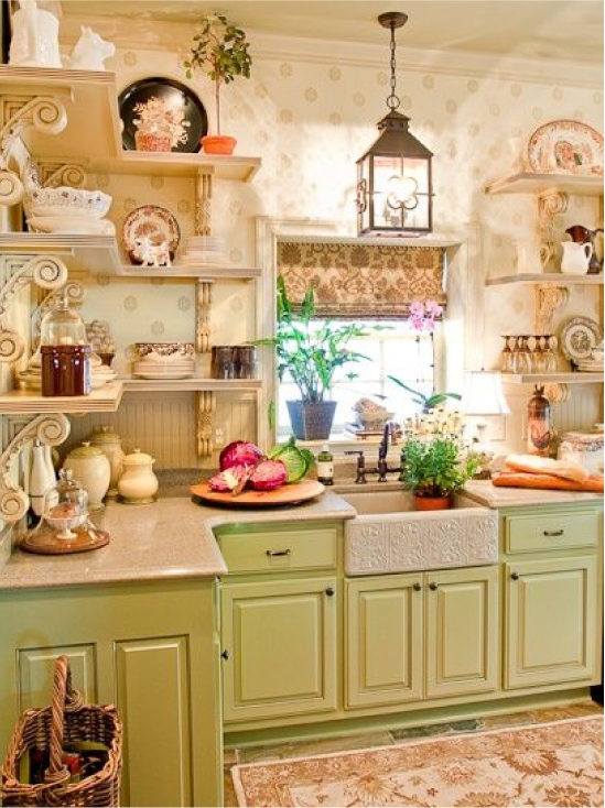 Green kitchen and beige wallpaper