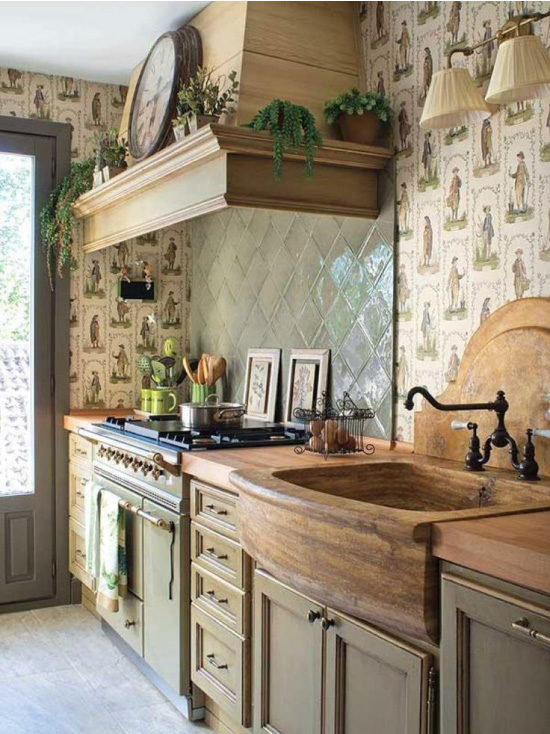 Green kitchen with beige wallpaper