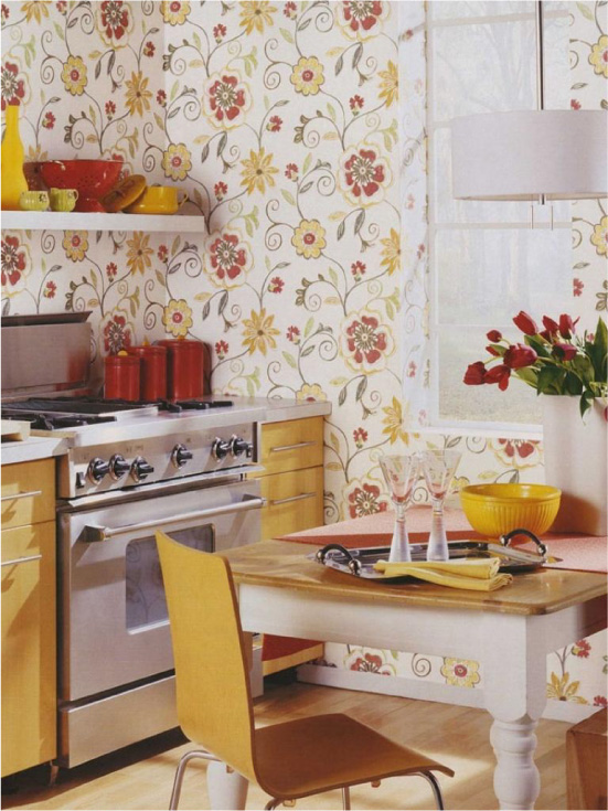 Yellow kitchen with a yellow-red print wallpaper