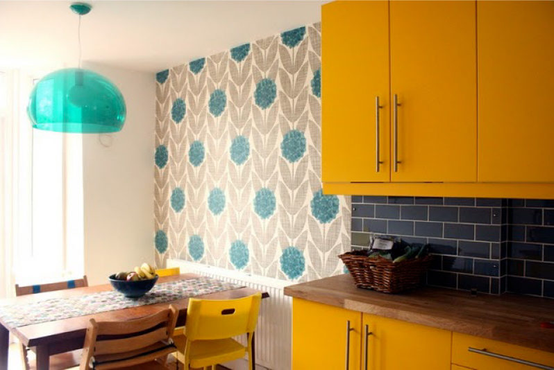 Yellow kitchen with gray-blue wallpaper