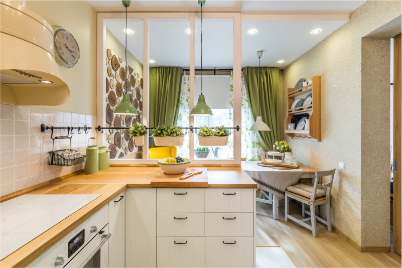 Olivové záclony v interiéri kuchyne